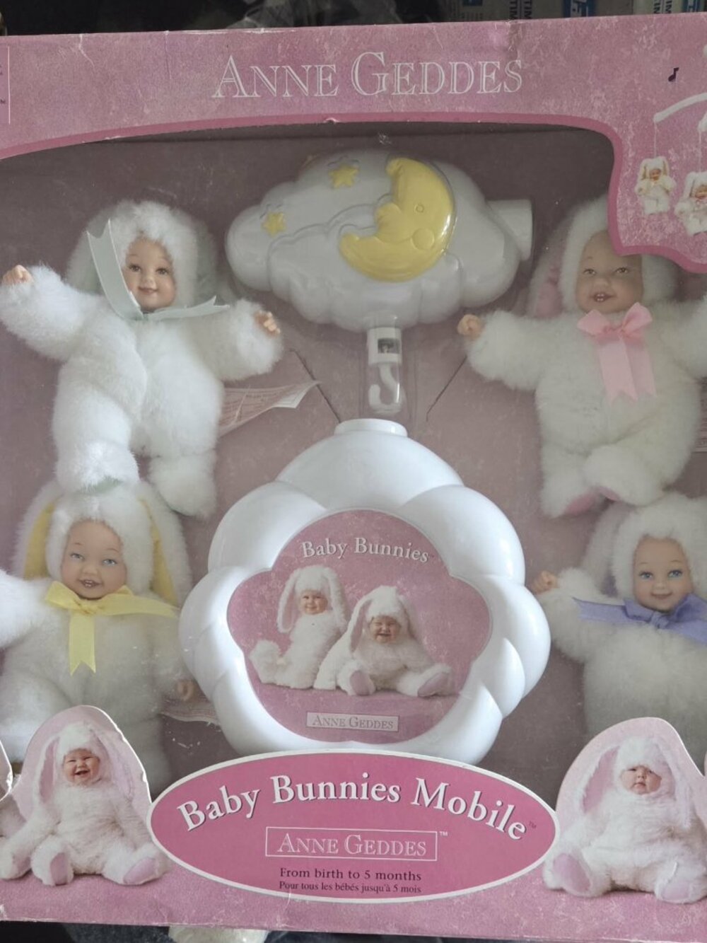 New 1999 Anne Geddes musical baby bunnies cot mobile
